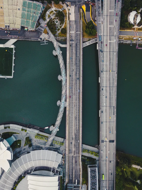 aerial view of two different roads and bridges