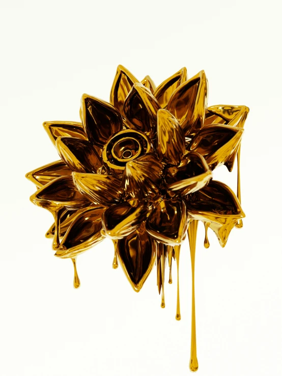 a shiny, gold flower shaped object hanging from a ceiling