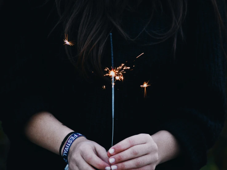 a woman holding a sparkler in her hands with both hands