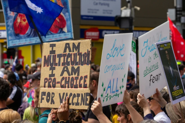 many people are protesting and holding signs in their hands