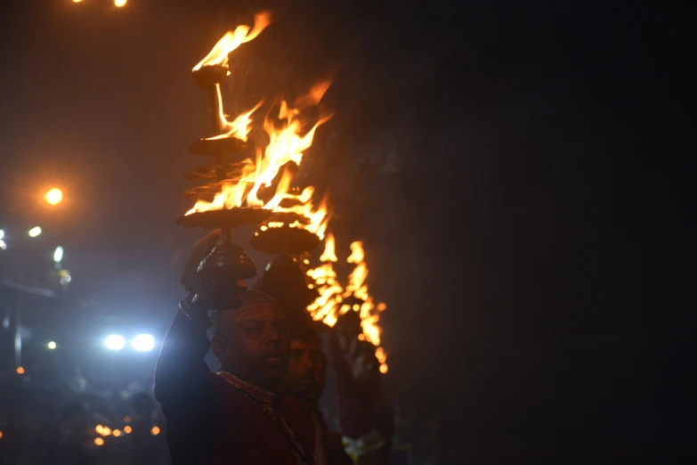 there is a large piece of fire glowing on the street