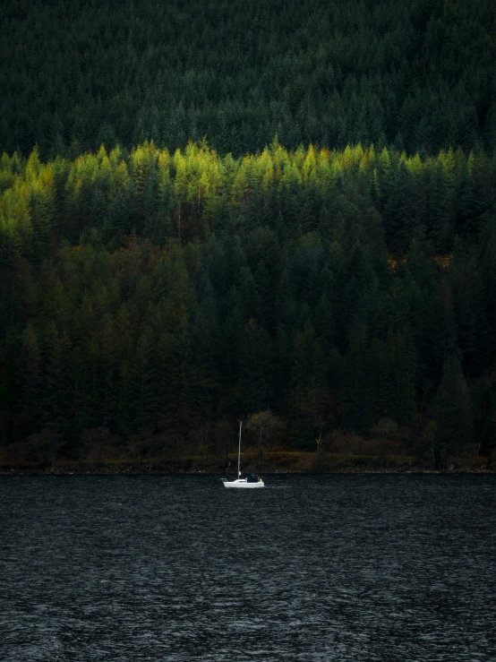 a boat on the water surrounded by a lush green mountain