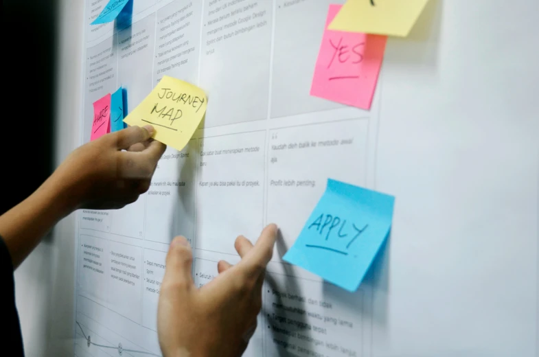 two people writing on the side of a white board