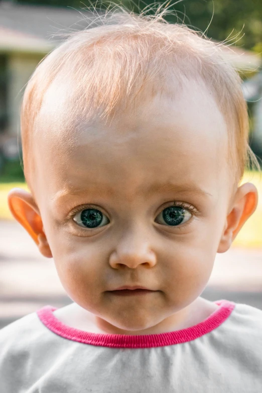 a close up of a child with very big blue eyes