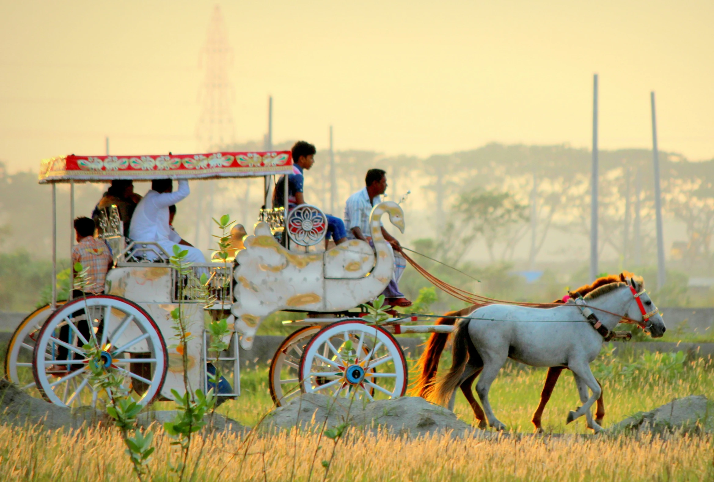 people on the back of a horse drawn carriage