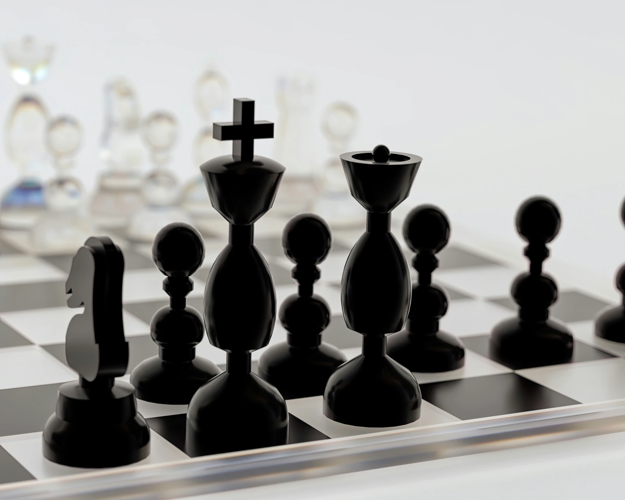 a chess board with two pieces of black glass on top