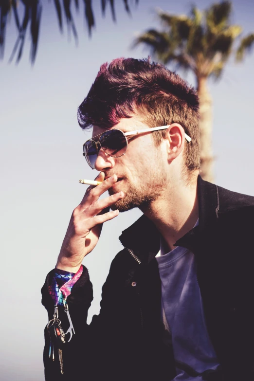 a person wearing sunglasses and smoking a cigarette