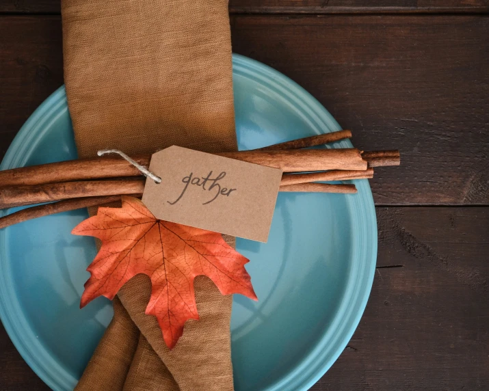 a napkin sitting next to a bunch of sticks and a leaf