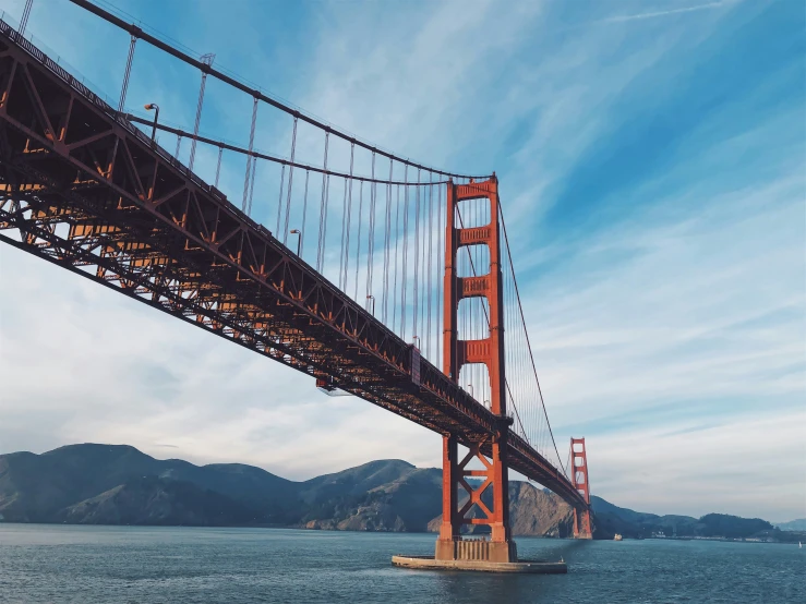 a large bridge stretches over a wide body of water