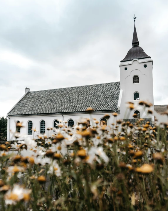 wildflowers at the base of a church steeple in a rural area