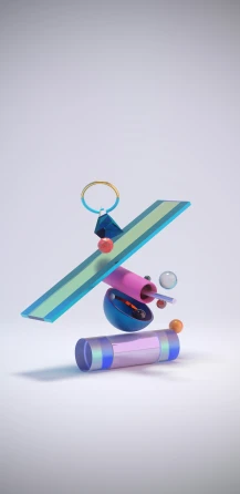 a white wall with some blue and pink objects