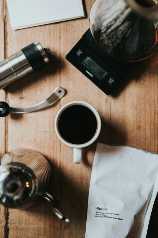 a view of the top of a coffee maker and cups on a table