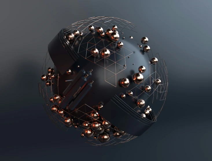 an artistic model of a sphere with copper - colored balls