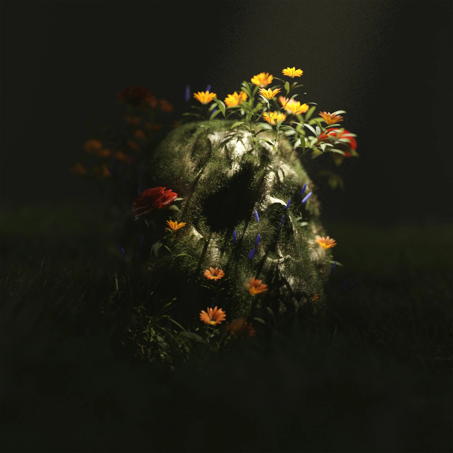 colorful flowers surround the skull sculpture in the dark