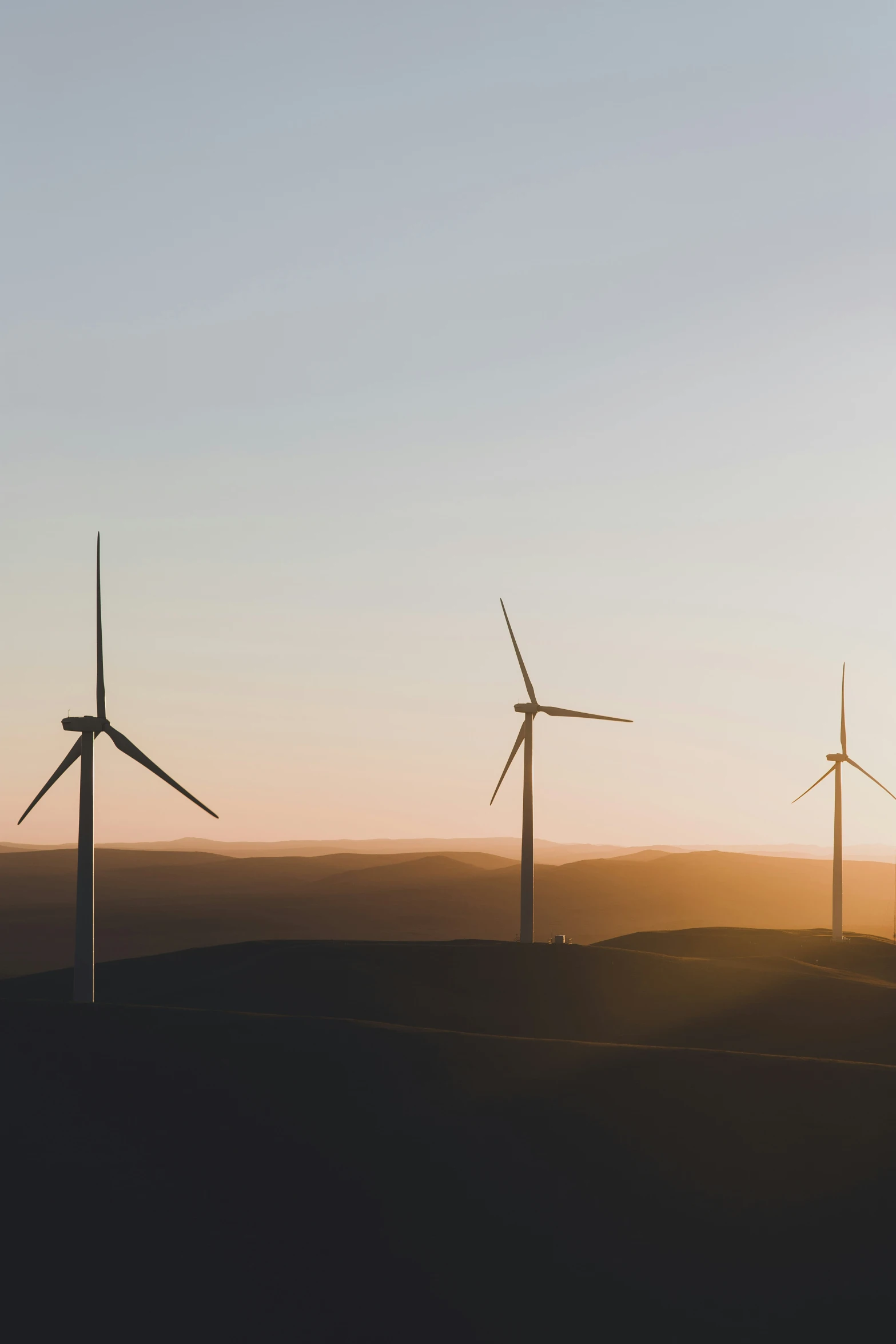 a row of wind mills near a sunset