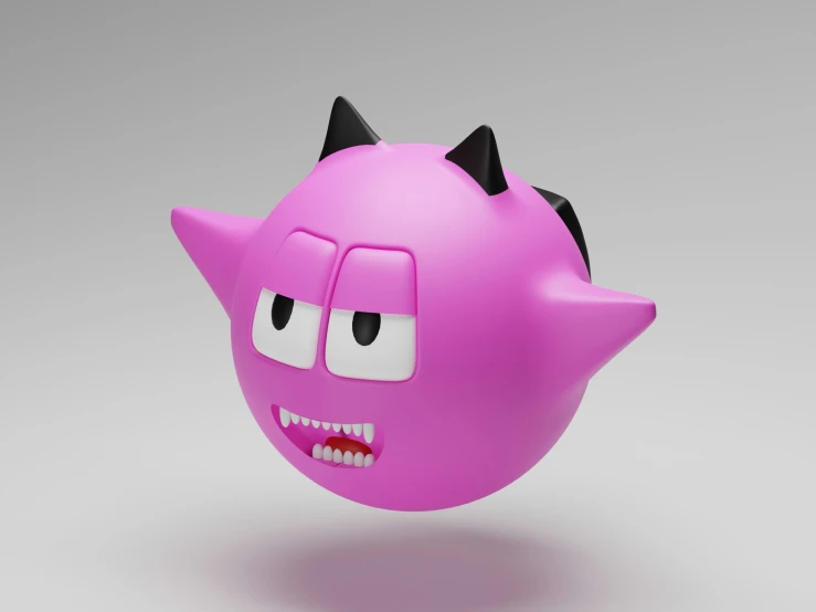 an evil pink creature with black horns and fangs