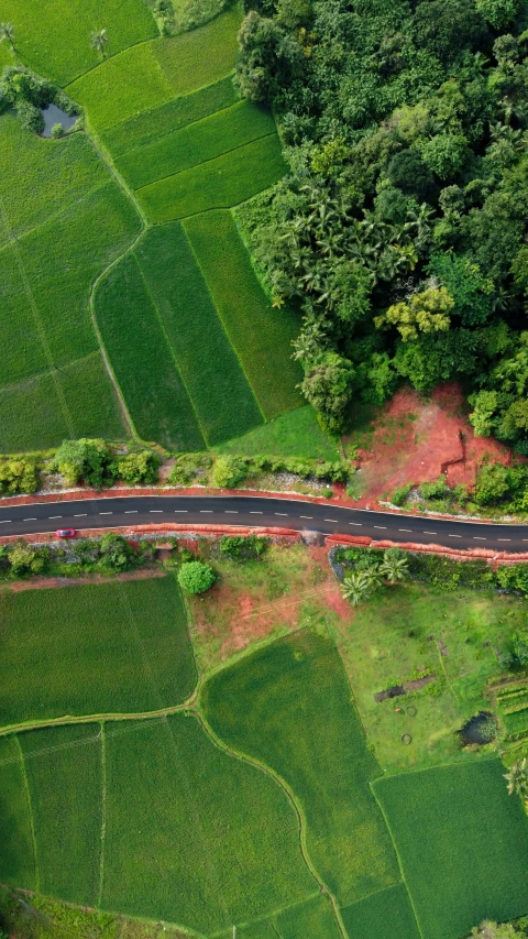 a large rural road next to a large green field