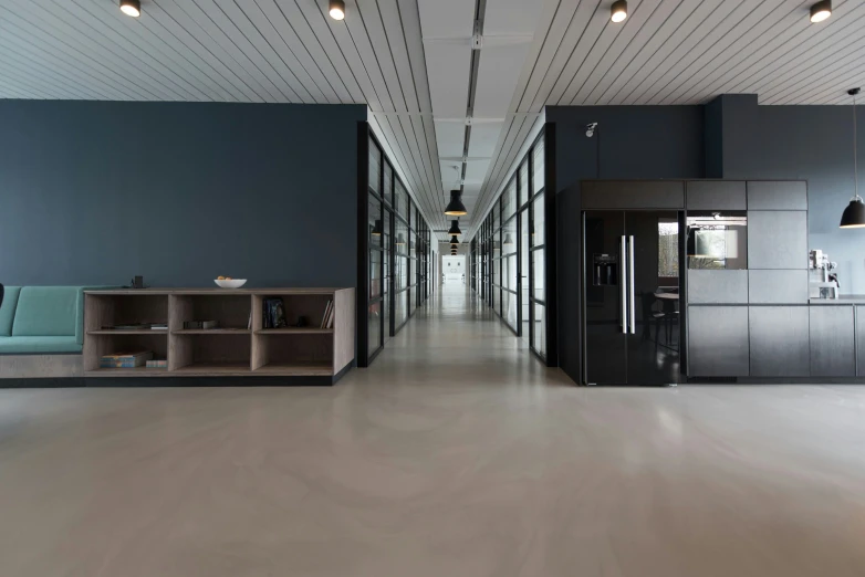 a view of the hallway with dark wood cabinets and blue walls