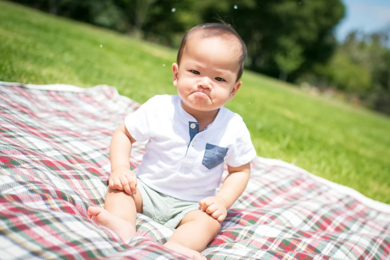 a baby sitting on a blanket in the middle of a grassy field