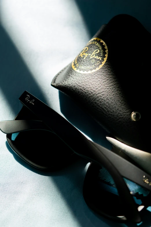 a pair of black sunglasses sit next to a pouch