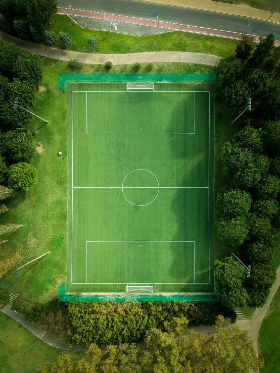 a green soccer field with lines indicating where the pitch is