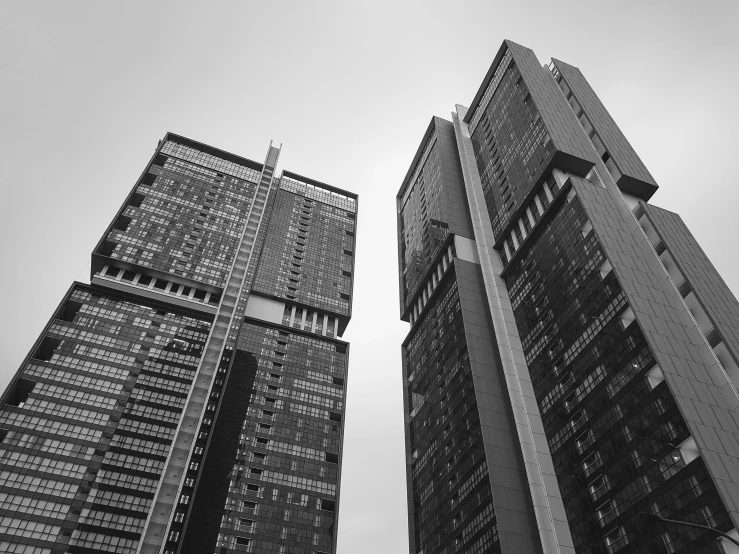 black and white pograph of two high rise buildings