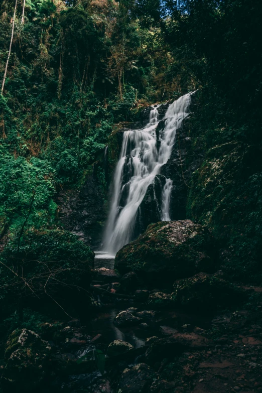 a beautiful waterfall in the middle of a wooded area