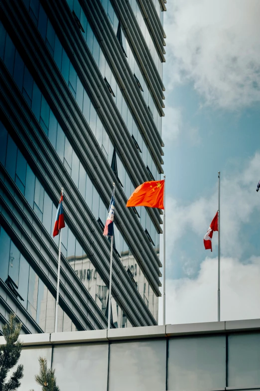 three flags fly in the breeze near a large office building