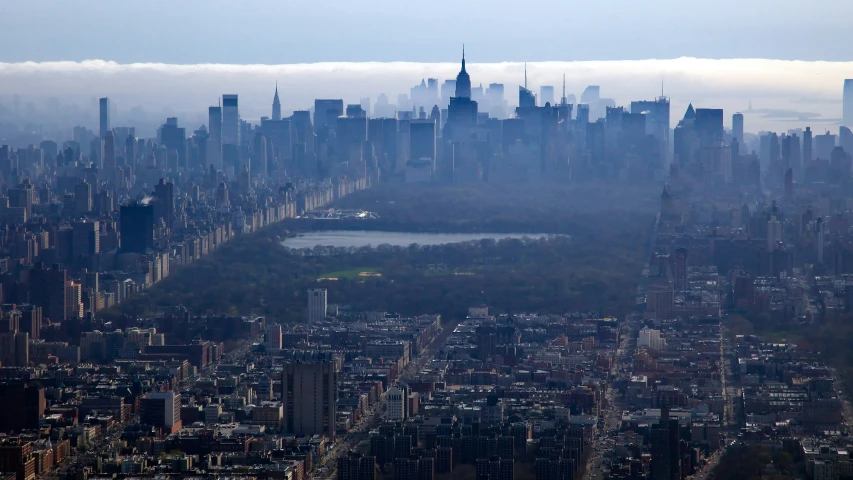 the city skylines are dotted by dense, fog