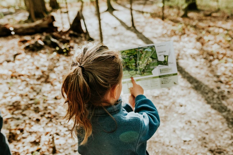 a girl reading a map in the woods