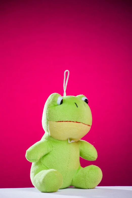 a small stuffed frog has a pink background