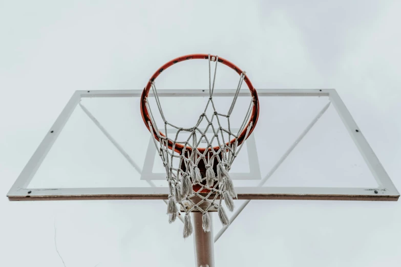 an overhead basketball hoop with a basketball and a basket in it