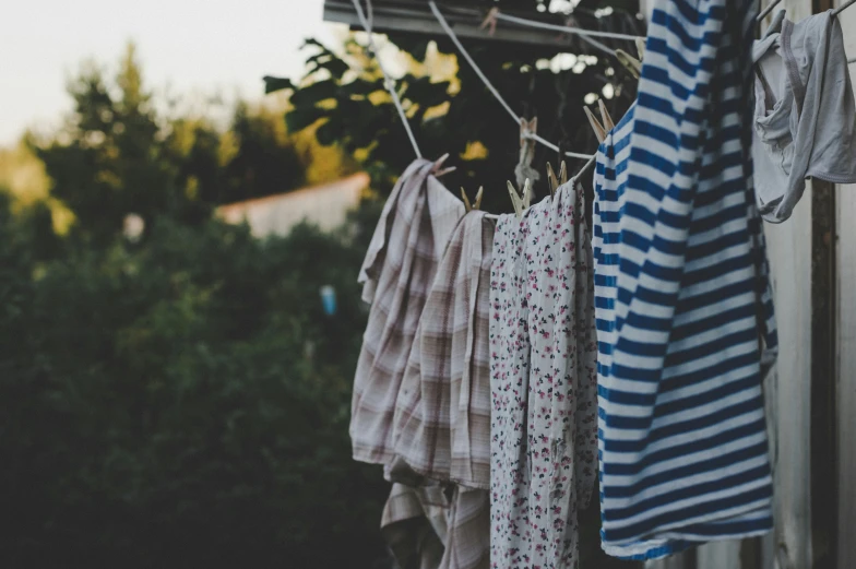 a line of shirts hanging from clothesline with trees in the background