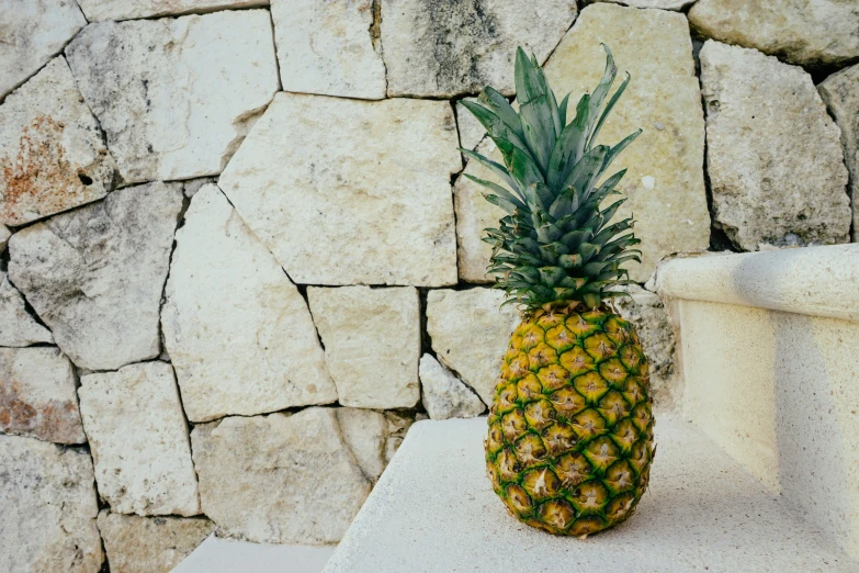pineapple on concrete table next to rock wall