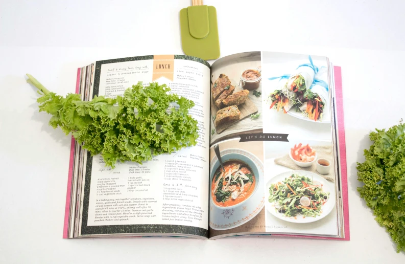 a cookbook with food in it with broccoli and vegetables