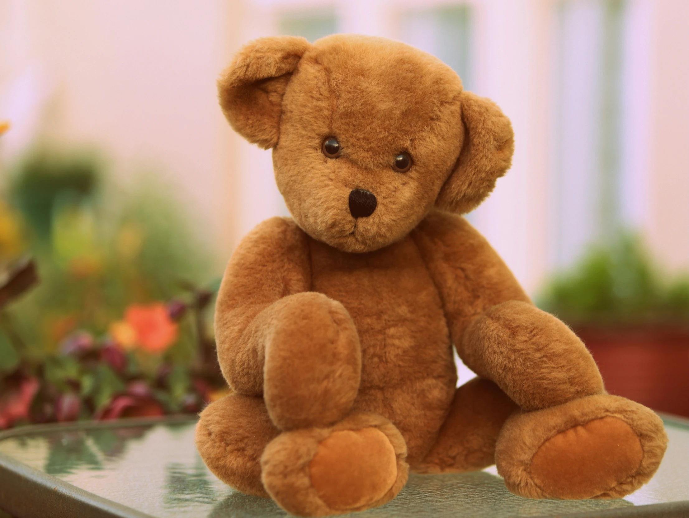 a teddy bear sits on a table with flowers in the background