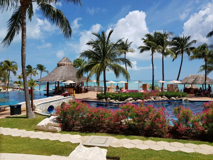 a resort has tropical landscaping with blue sky