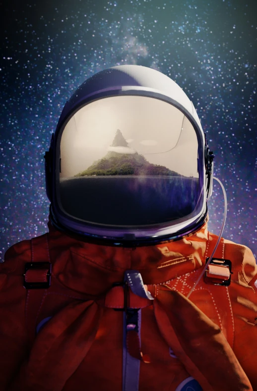 a man in an orange astronaut suit with space in the background