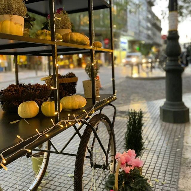 a bicycle is decorated with gourds and flowers
