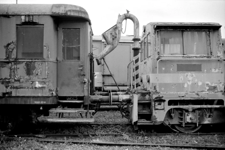 black and white pograph of abandoned train cars