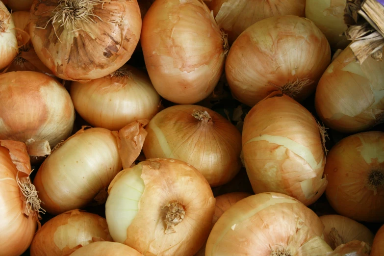 a pile of onions and other produce that are in a basket