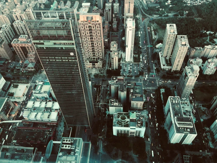 an aerial view of several tall buildings