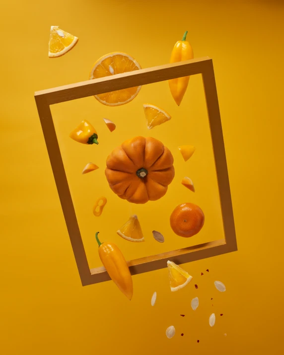 an unusual image made from fruit being floating in the air