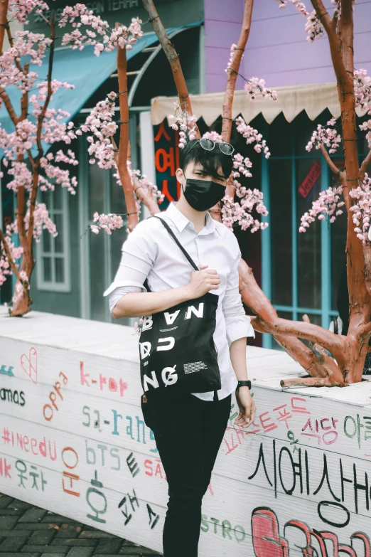 an image of a woman wearing masks standing on a wall