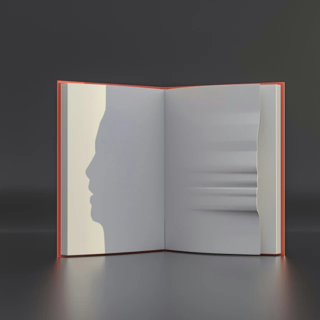 an open book with a shadow of a human head