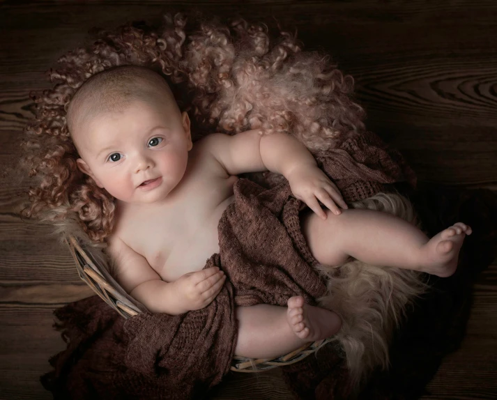 a baby boy sitting in a basket with curly hair