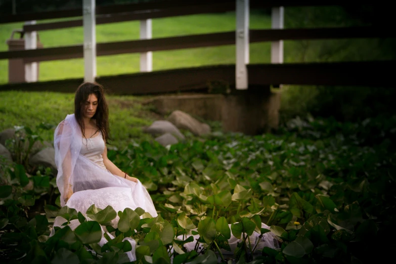 the woman is wearing a dress and is sitting in the grass