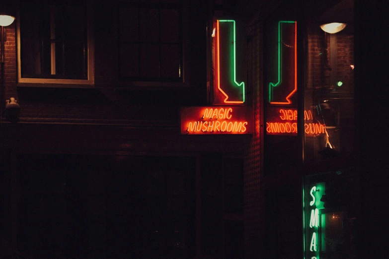 a neon sign that is sitting outside of a building