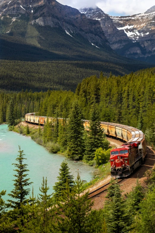 a train traveling through a scenic region by a river