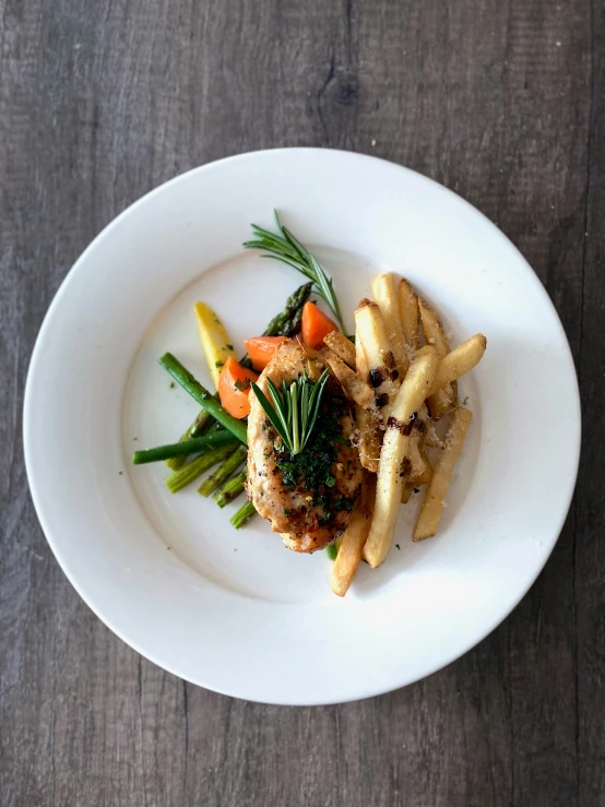 small meat on a plate with fries and vegetables